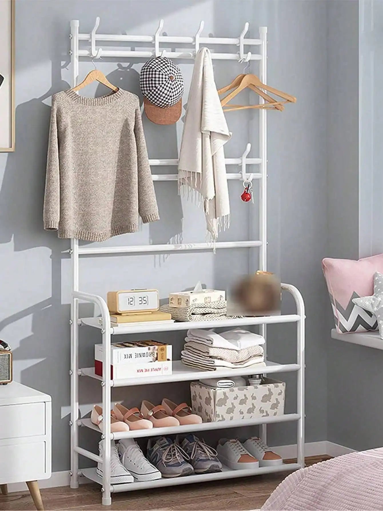 Multifunctional Shoe and Hat Rack, Freestanding Coat Rack with Storage for Home
