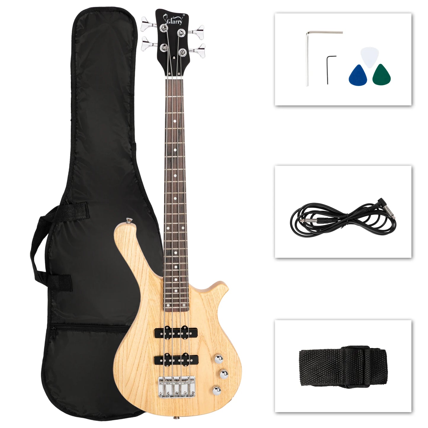Glarry GW101 36 Zoll kleiner E-Bass mit Mahagoni-Korpus, SS-Tonabnehmern, Gitarrentasche, Gurt, Kabel, Burlywood