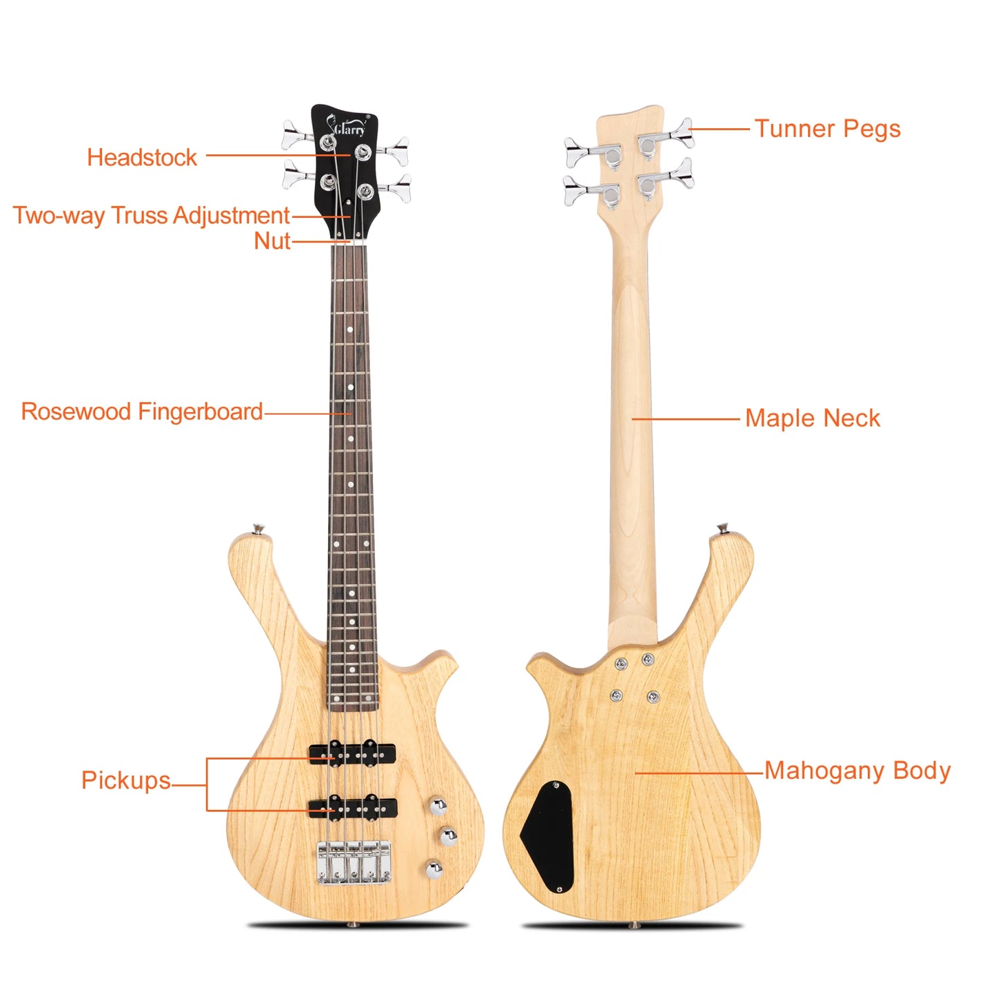 Glarry GW101 36 Zoll kleiner E-Bass mit Mahagoni-Korpus, SS-Tonabnehmern, Gitarrentasche, Gurt, Kabel, Burlywood