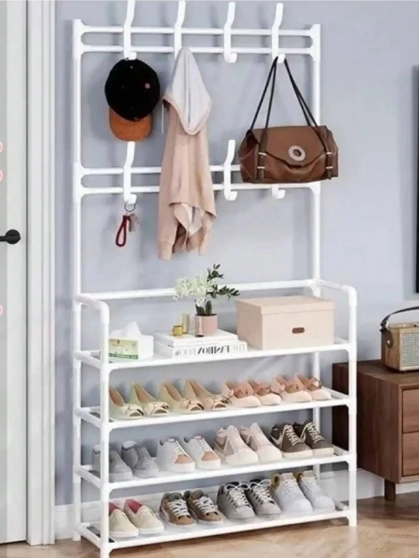 Multifunctional Shoe and Hat Rack, Freestanding Coat Rack with Storage for Home