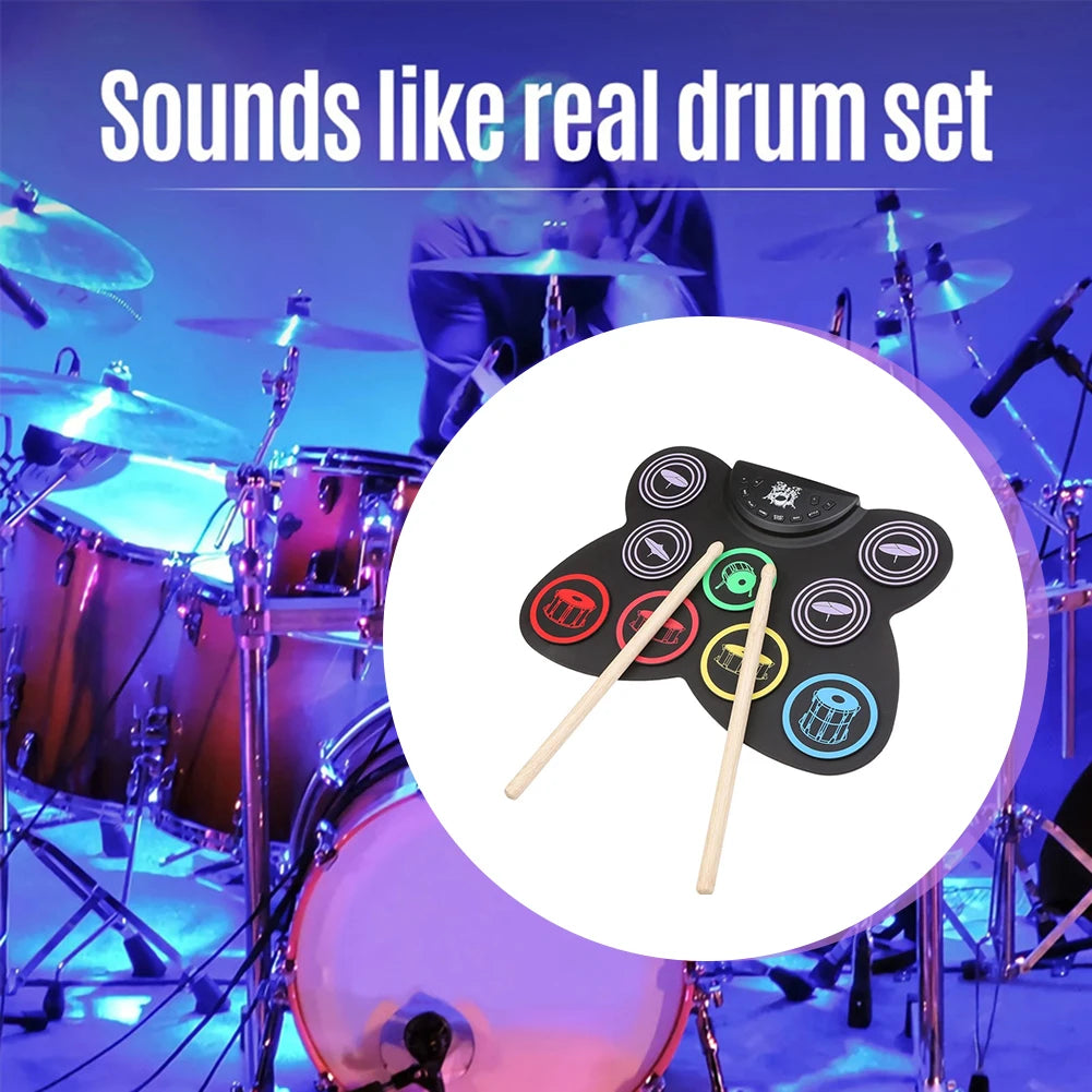 Folding Music Drums Hand Roll USB Electronic Silicon Drum Portable Practice Drums Kit 7-Pad Kit With Drumsticks Sustain Pedal