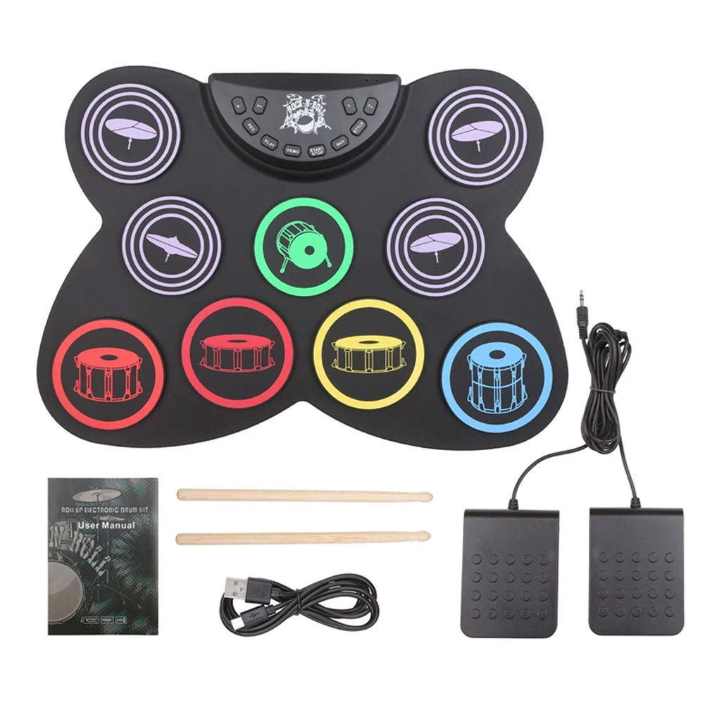 Folding Music Drums Hand Roll USB Electronic Silicon Drum Portable Practice Drums Kit 7-Pad Kit With Drumsticks Sustain Pedal