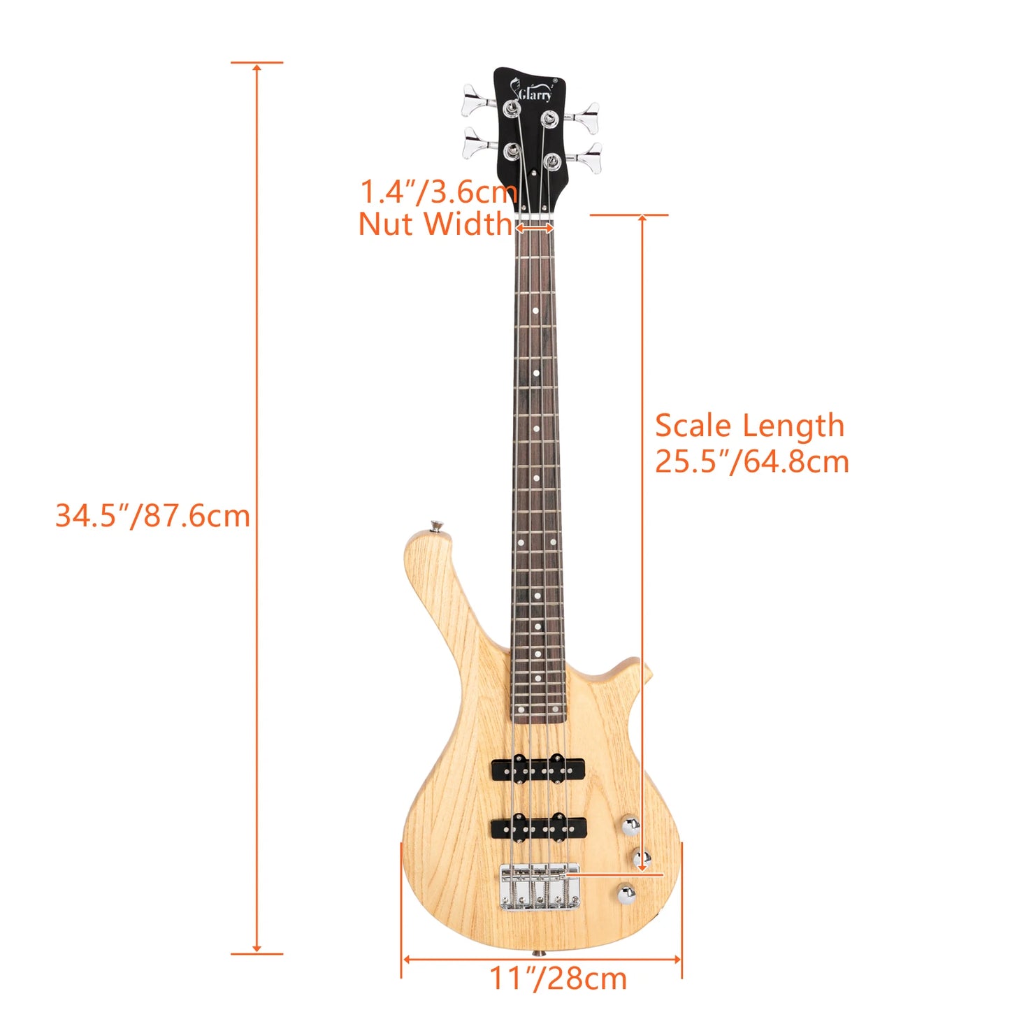 Glarry GW101 36 Zoll kleiner E-Bass mit Mahagoni-Korpus, SS-Tonabnehmern, Gitarrentasche, Gurt, Kabel, Burlywood