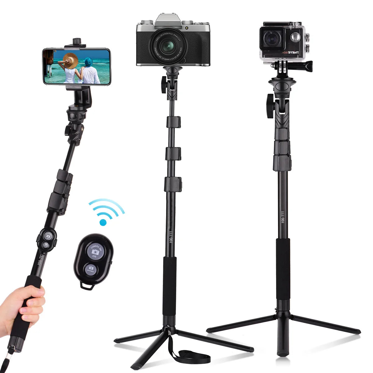 54-in Extendable Selfie Stick Tripod Stand Aluminum Alloy with Phone Holder Sports Camera Mount Adapter Remote Shutter