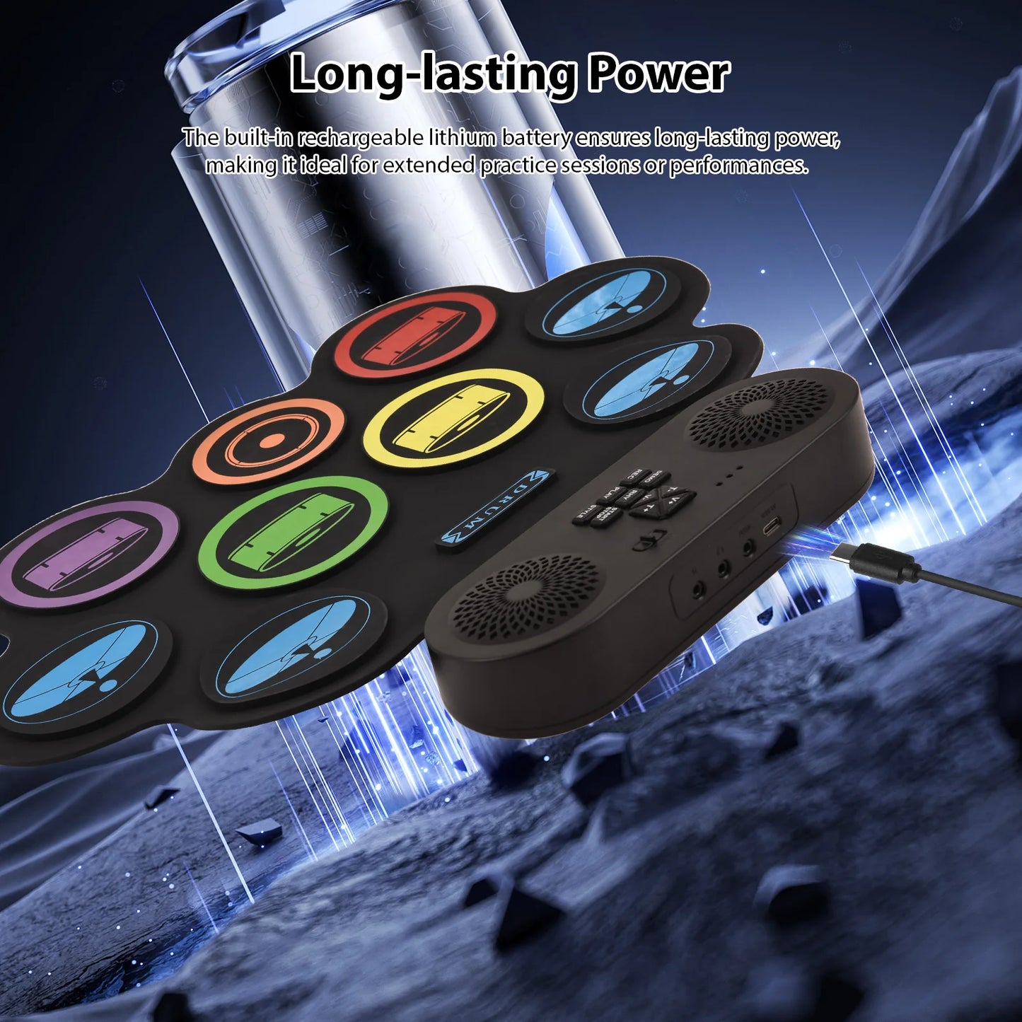 9 Pads Electronic Drum Set Hand Roll Drum Set Supports DTX Gaming/BT Dual Speaker 7 Drum Styles 6 Rhythms 10Demo Songs Pad Drum