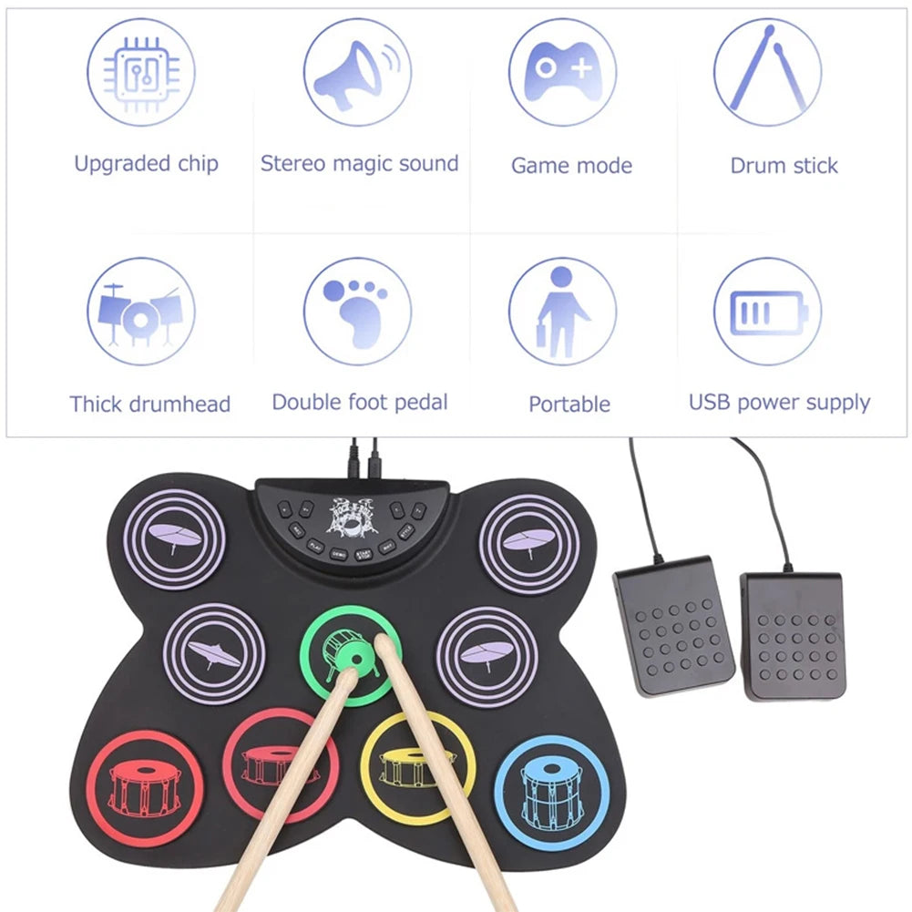 Folding Music Drums Hand Roll USB Electronic Silicon Drum Portable Practice Drums Kit 7-Pad Kit With Drumsticks Sustain Pedal