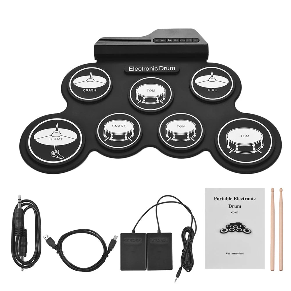 Folding Music Drums Hand Roll USB Electronic Silicon Drum Portable Practice Drums Kit 7-Pad Kit With Drumsticks Sustain Pedal