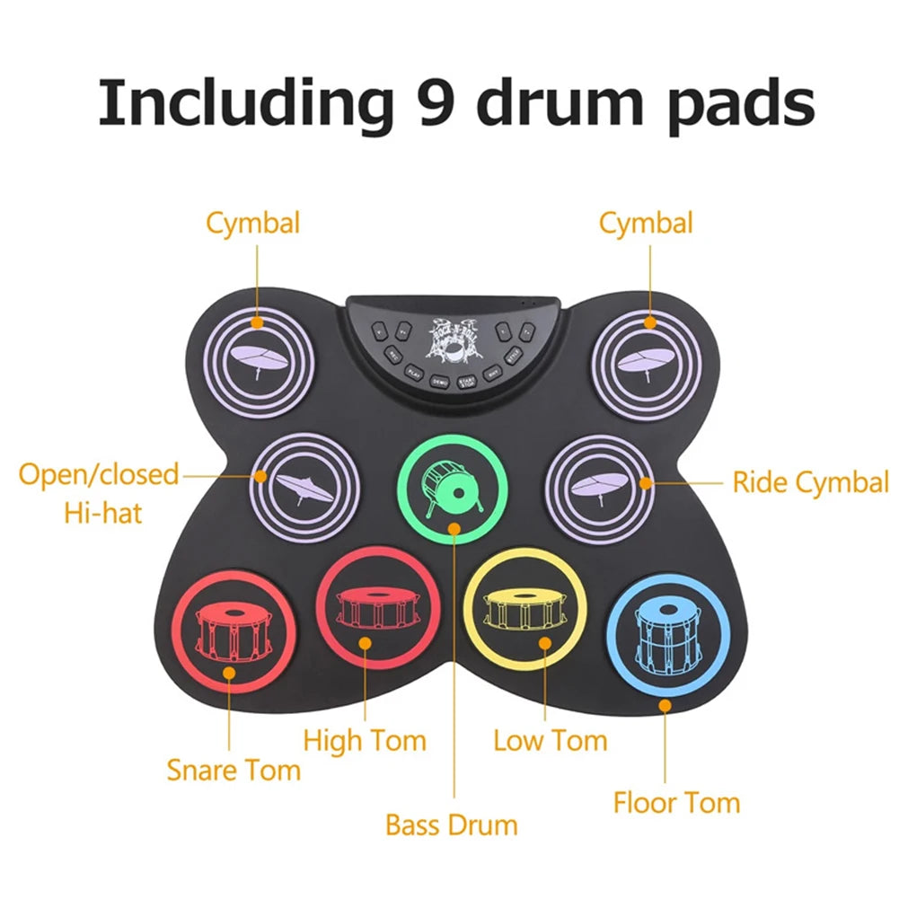Folding Music Drums Hand Roll USB Electronic Silicon Drum Portable Practice Drums Kit 7-Pad Kit With Drumsticks Sustain Pedal