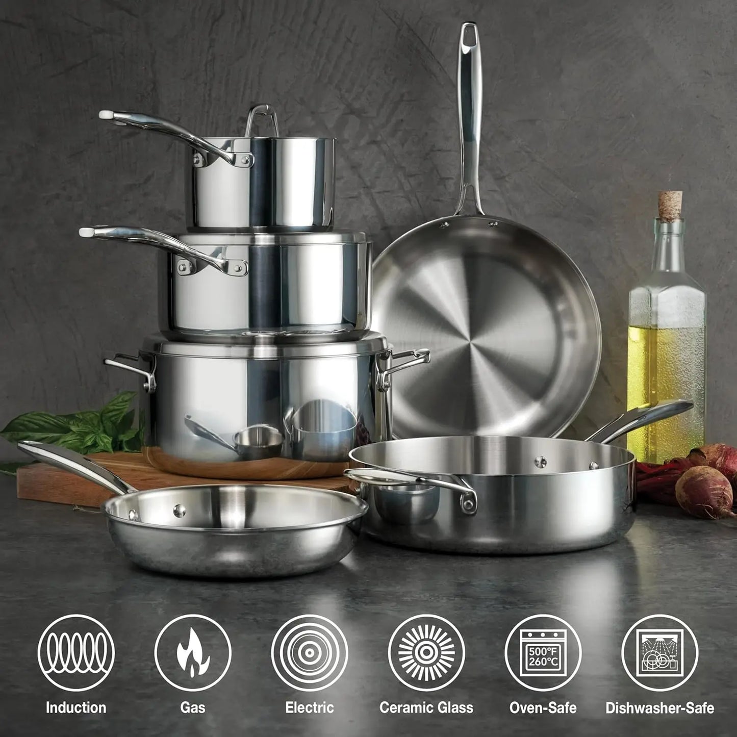 Tramontina Tri-Ply Clad Stainless Steel 9-Piece Cookware Set With Lids, Pots And Pans Kitchen Set, Induction-Ready,