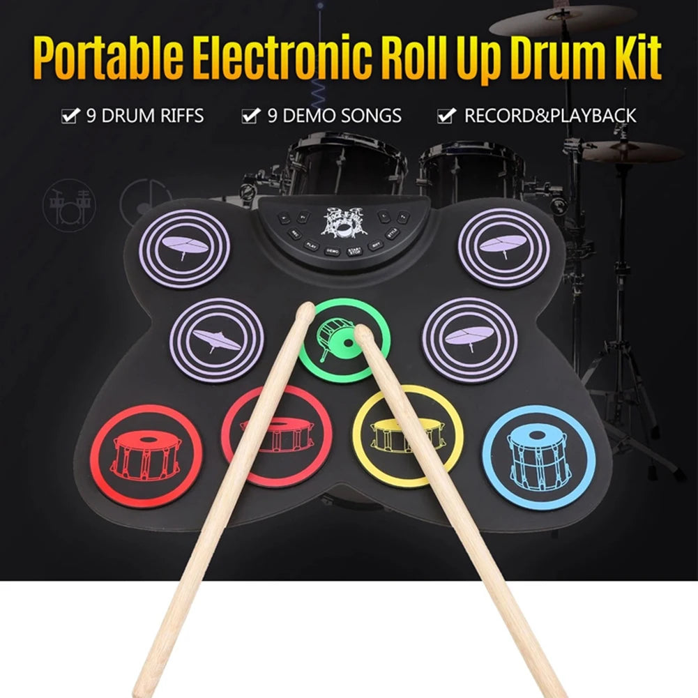 Folding Music Drums Hand Roll USB Electronic Silicon Drum Portable Practice Drums Kit 7-Pad Kit With Drumsticks Sustain Pedal