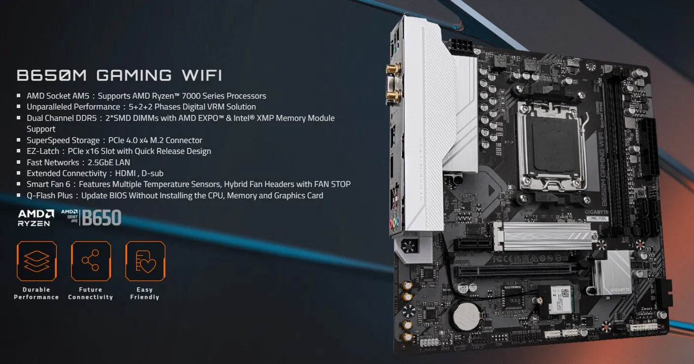 GIGABYTE B650M GAMING WIFI Support for DDR5 6400 M.2 2.5GbE LAN 5+2+2 Phases Digital VRM B650 Ryzen™ 7000 Series AMD Socket AM5