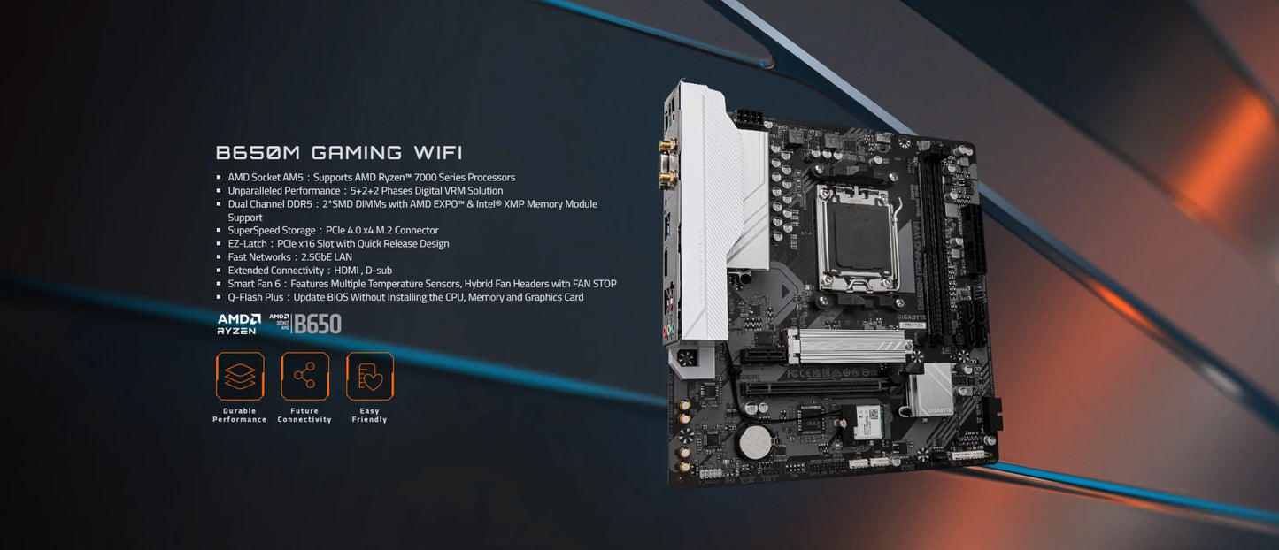 GIGABYTE B650M GAMING WIFI Support for DDR5 6400 M.2 2.5GbE LAN 5+2+2 Phases Digital VRM B650 Ryzen™ 7000 Series AMD Socket AM5