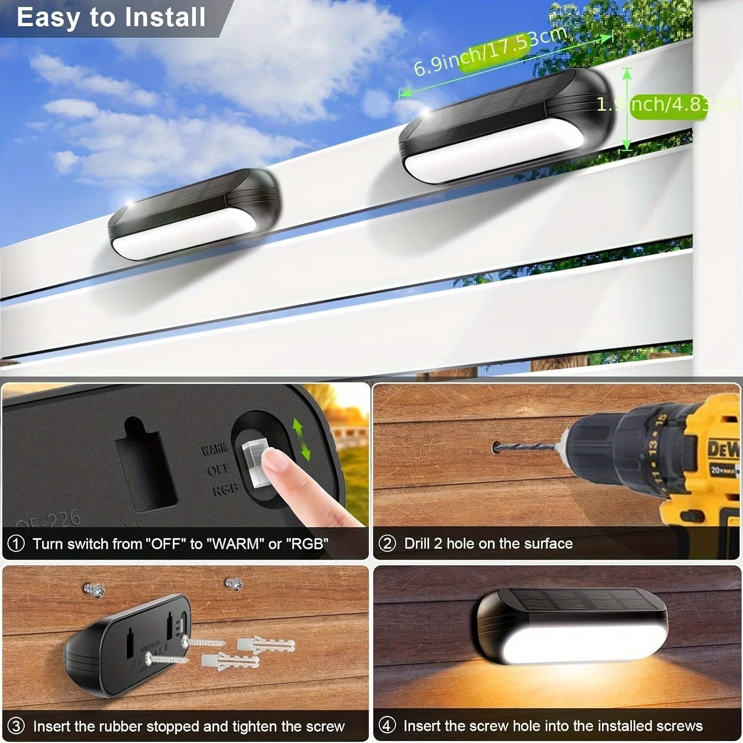 Luces LED solares para escalones con 2 modos de iluminación: mayor duración de la batería, compactas y duraderas, IP65 a prueba de agua para escaleras, cercas y paredes