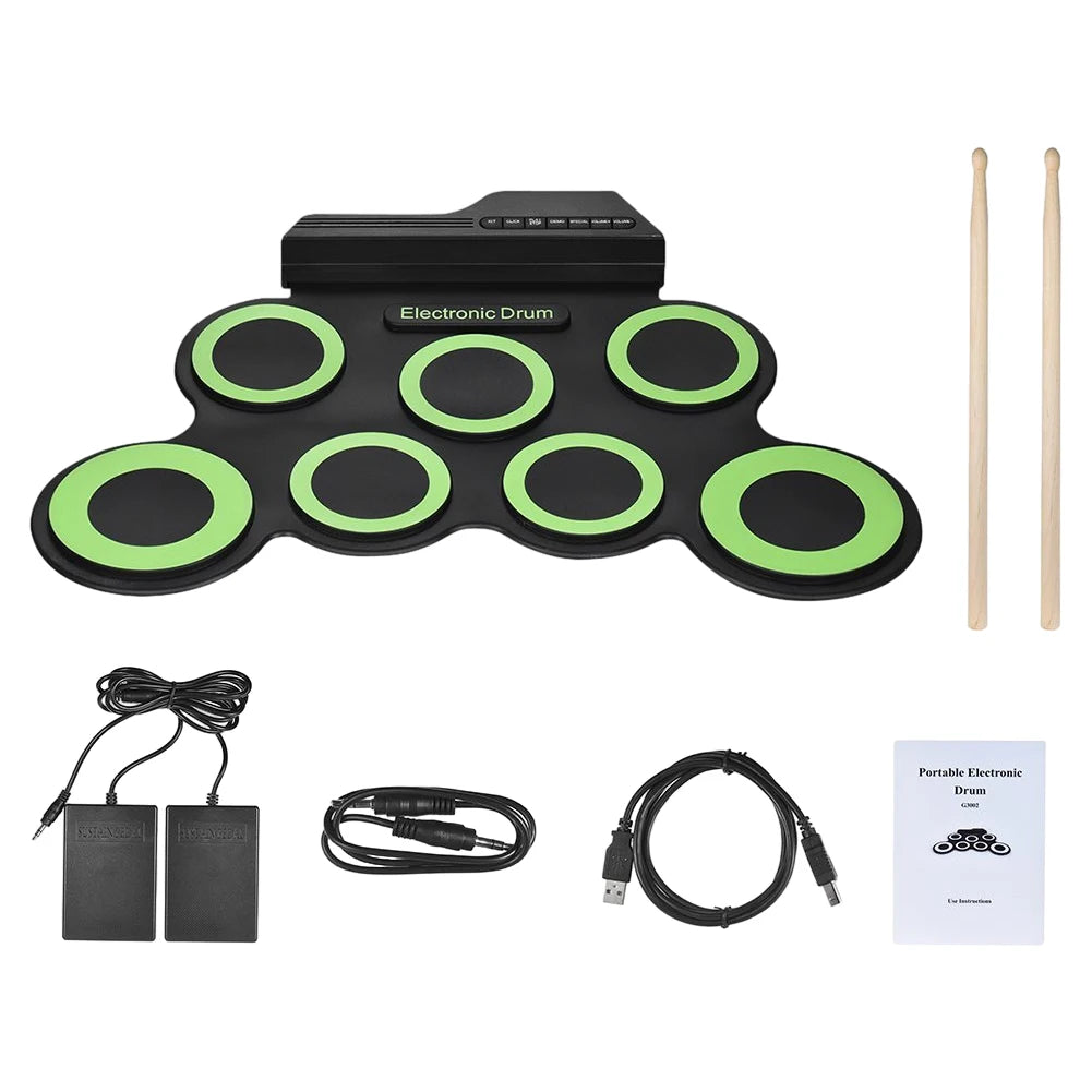 Folding Music Drums Hand Roll USB Electronic Silicon Drum Portable Practice Drums Kit 7-Pad Kit With Drumsticks Sustain Pedal