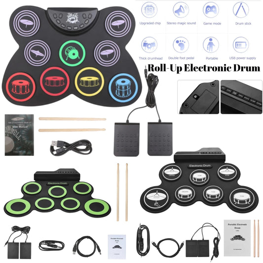 Folding Music Drums Hand Roll USB Electronic Silicon Drum Portable Practice Drums Kit 7-Pad Kit With Drumsticks Sustain Pedal